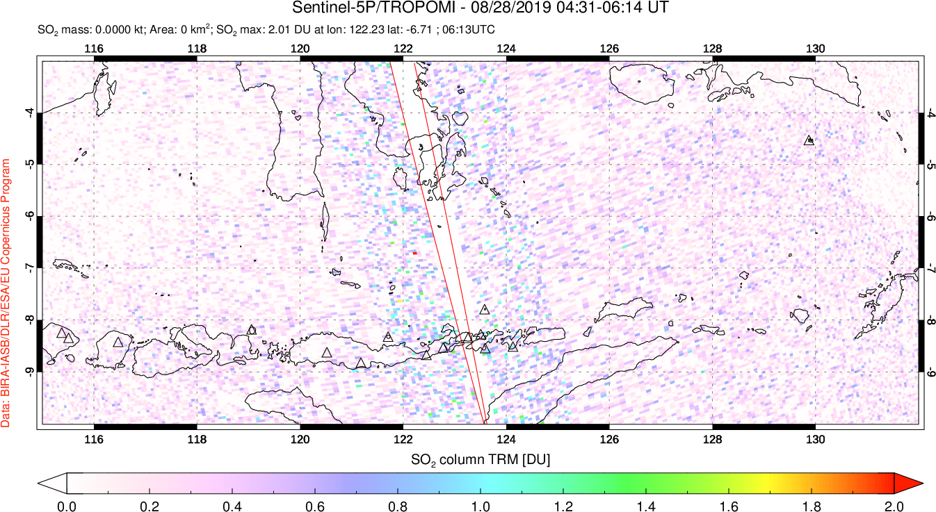 A sulfur dioxide image over Lesser Sunda Islands, Indonesia on Aug 28, 2019.