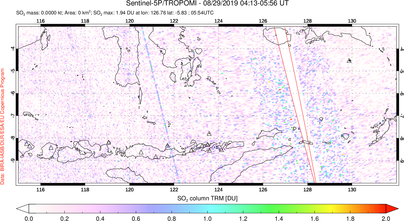 A sulfur dioxide image over Lesser Sunda Islands, Indonesia on Aug 29, 2019.