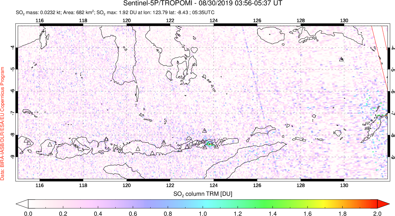A sulfur dioxide image over Lesser Sunda Islands, Indonesia on Aug 30, 2019.