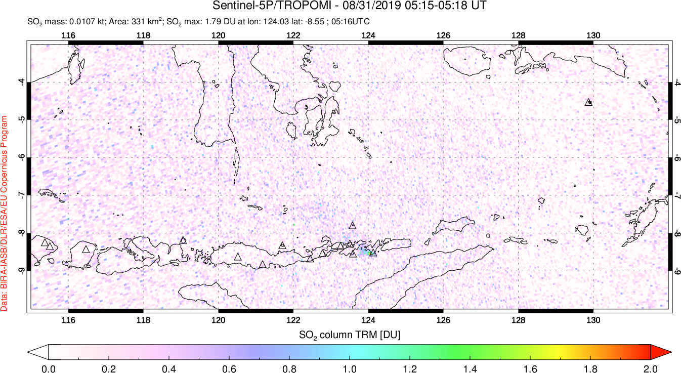A sulfur dioxide image over Lesser Sunda Islands, Indonesia on Aug 31, 2019.