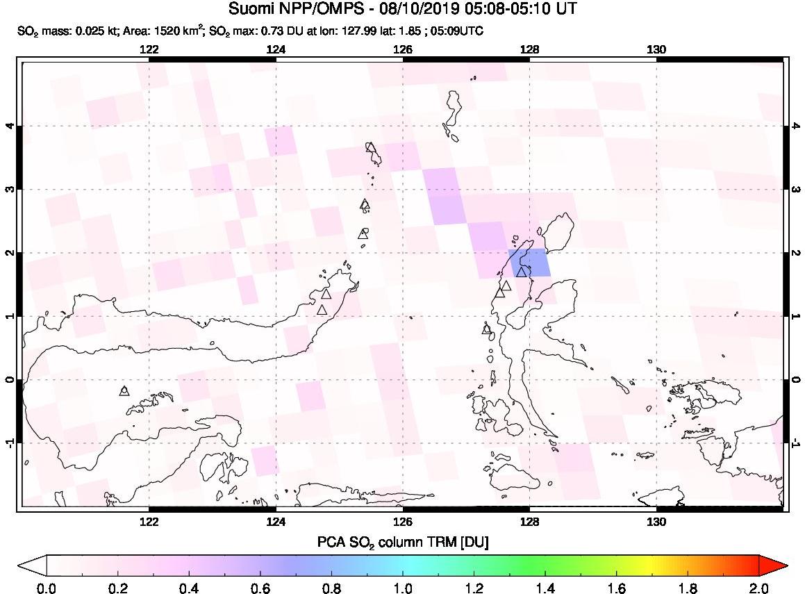 A sulfur dioxide image over Northern Sulawesi & Halmahera, Indonesia on Aug 10, 2019.