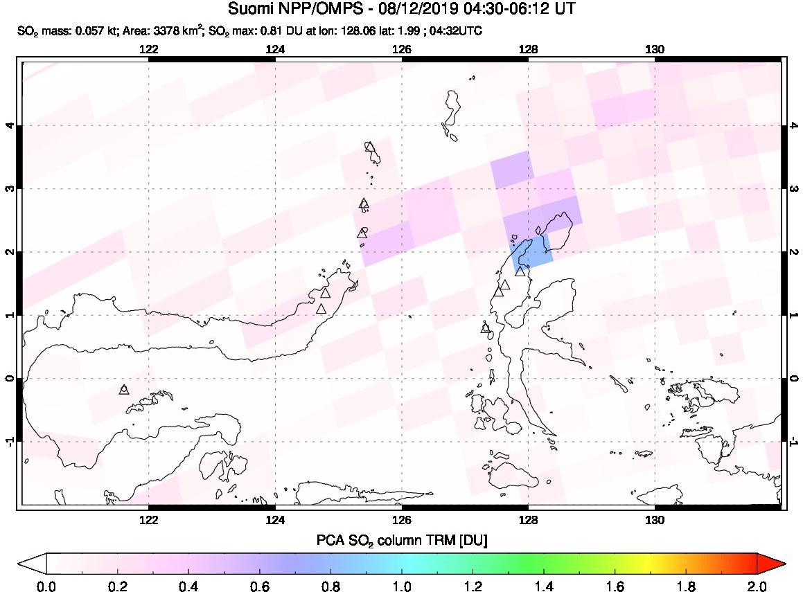 A sulfur dioxide image over Northern Sulawesi & Halmahera, Indonesia on Aug 12, 2019.