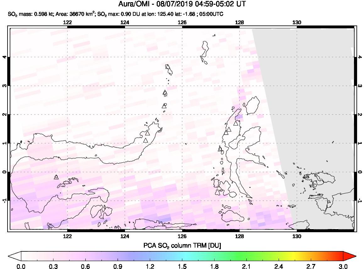 A sulfur dioxide image over Northern Sulawesi & Halmahera, Indonesia on Aug 07, 2019.