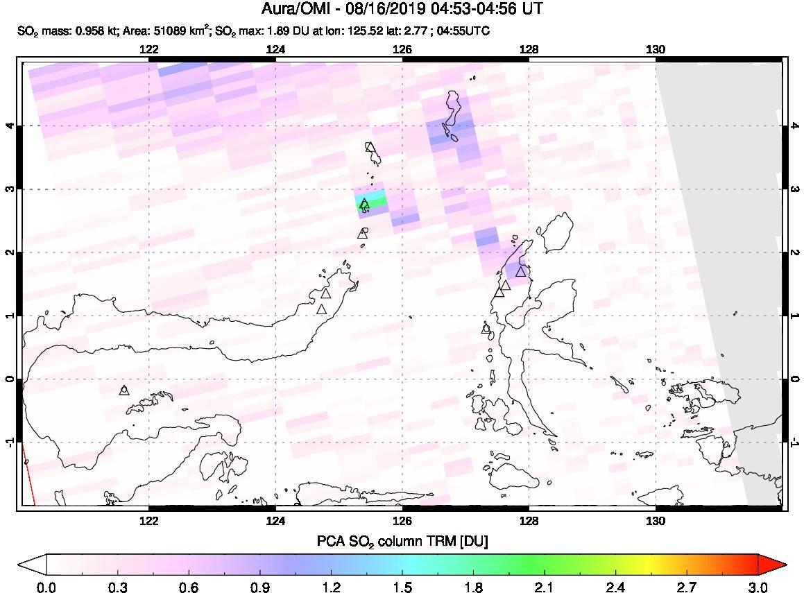 A sulfur dioxide image over Northern Sulawesi & Halmahera, Indonesia on Aug 16, 2019.