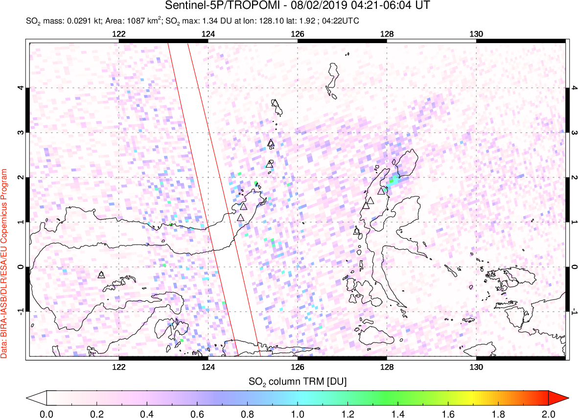 A sulfur dioxide image over Northern Sulawesi & Halmahera, Indonesia on Aug 02, 2019.