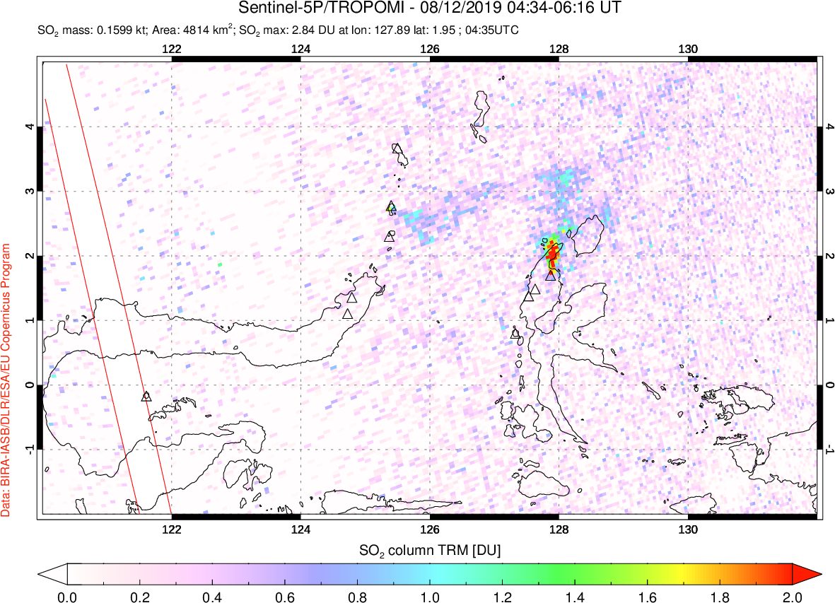 A sulfur dioxide image over Northern Sulawesi & Halmahera, Indonesia on Aug 12, 2019.