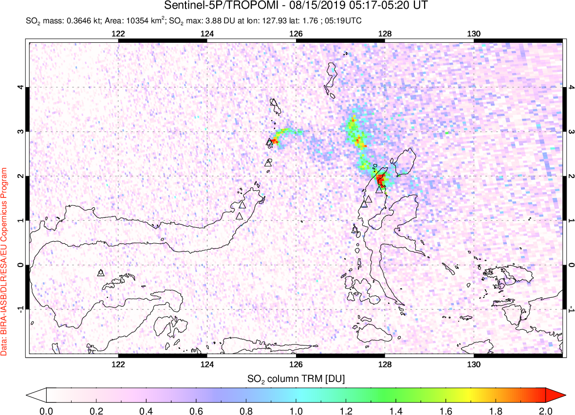 A sulfur dioxide image over Northern Sulawesi & Halmahera, Indonesia on Aug 15, 2019.
