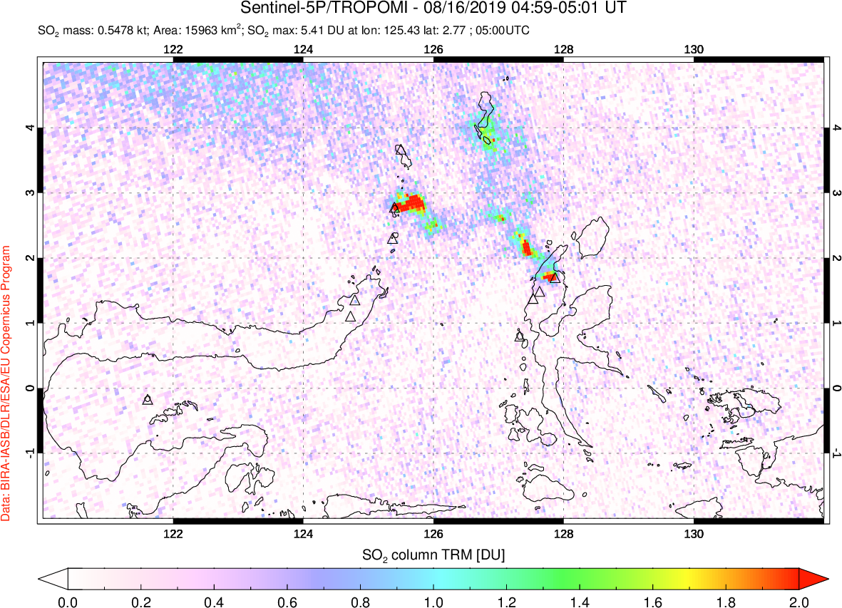 A sulfur dioxide image over Northern Sulawesi & Halmahera, Indonesia on Aug 16, 2019.
