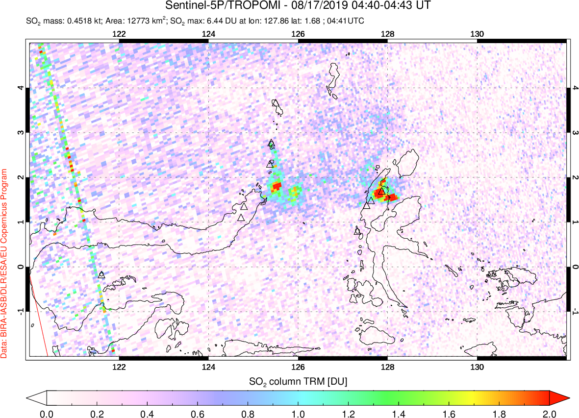 A sulfur dioxide image over Northern Sulawesi & Halmahera, Indonesia on Aug 17, 2019.