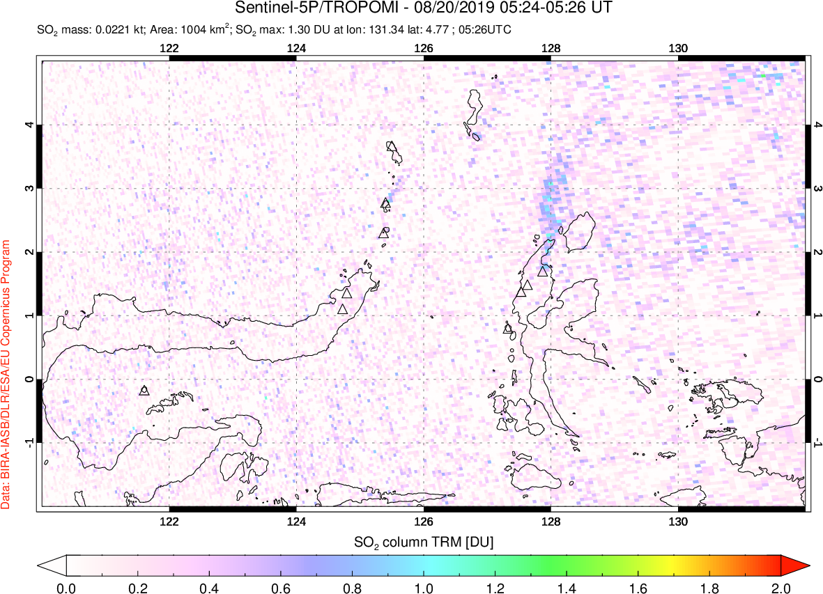 A sulfur dioxide image over Northern Sulawesi & Halmahera, Indonesia on Aug 20, 2019.
