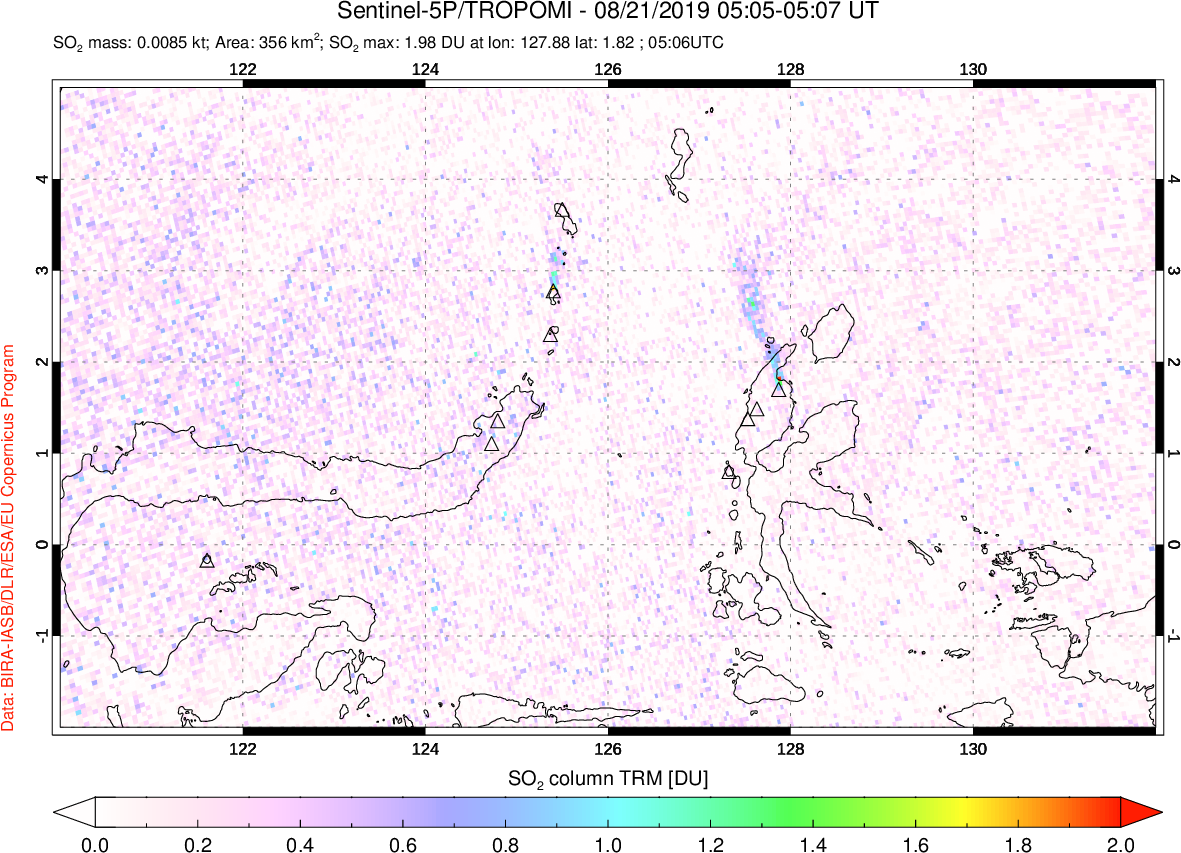 A sulfur dioxide image over Northern Sulawesi & Halmahera, Indonesia on Aug 21, 2019.