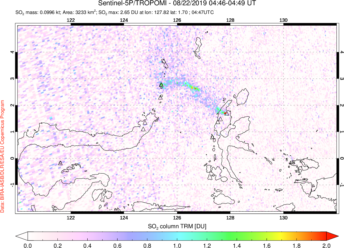 A sulfur dioxide image over Northern Sulawesi & Halmahera, Indonesia on Aug 22, 2019.