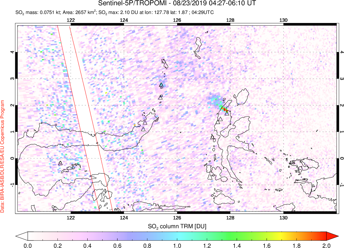 A sulfur dioxide image over Northern Sulawesi & Halmahera, Indonesia on Aug 23, 2019.