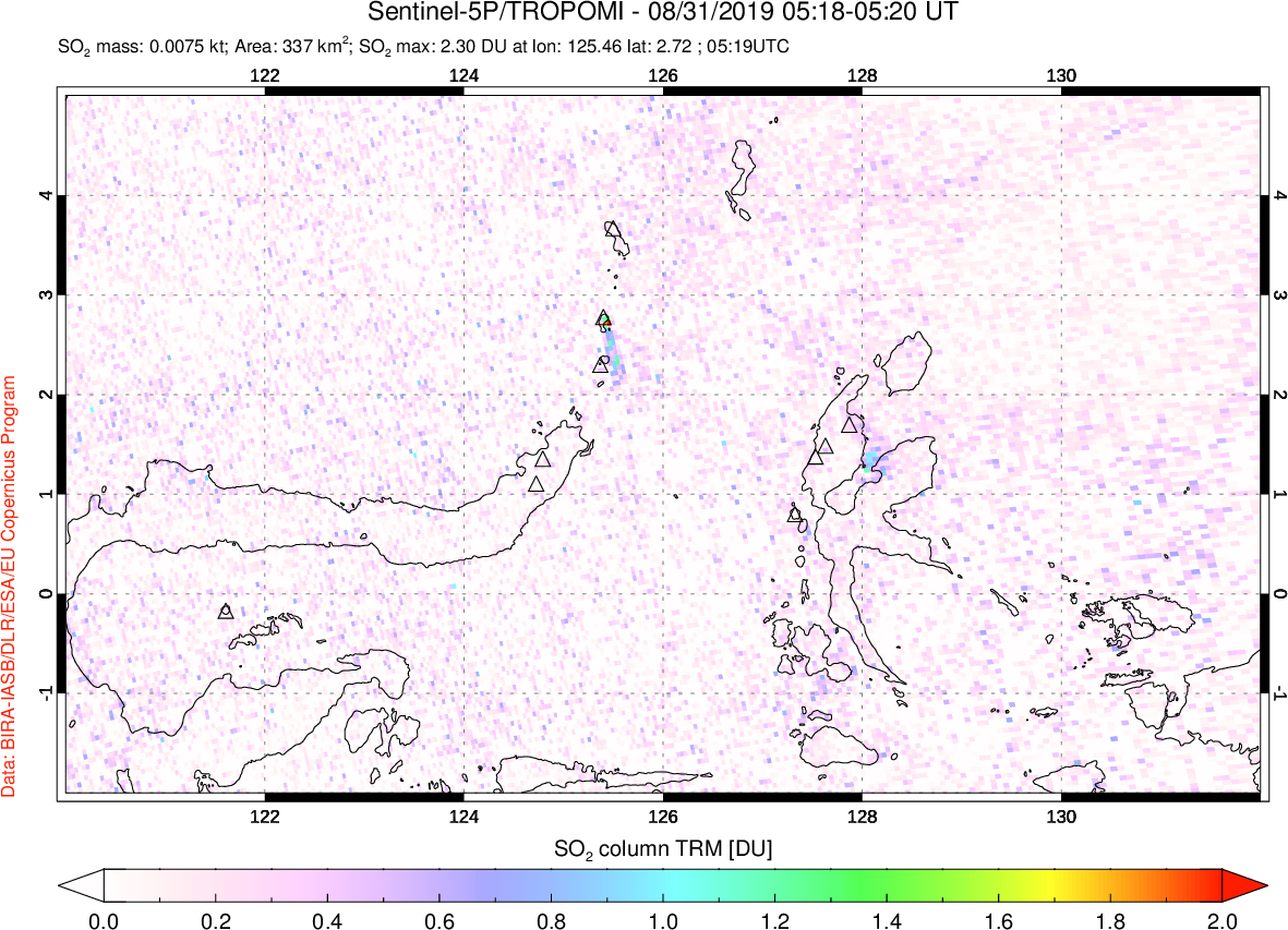 A sulfur dioxide image over Northern Sulawesi & Halmahera, Indonesia on Aug 31, 2019.