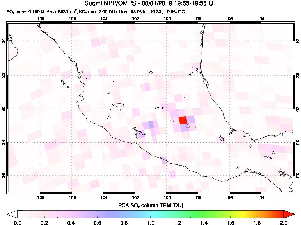 A sulfur dioxide image over Mexico on Aug 01, 2019.