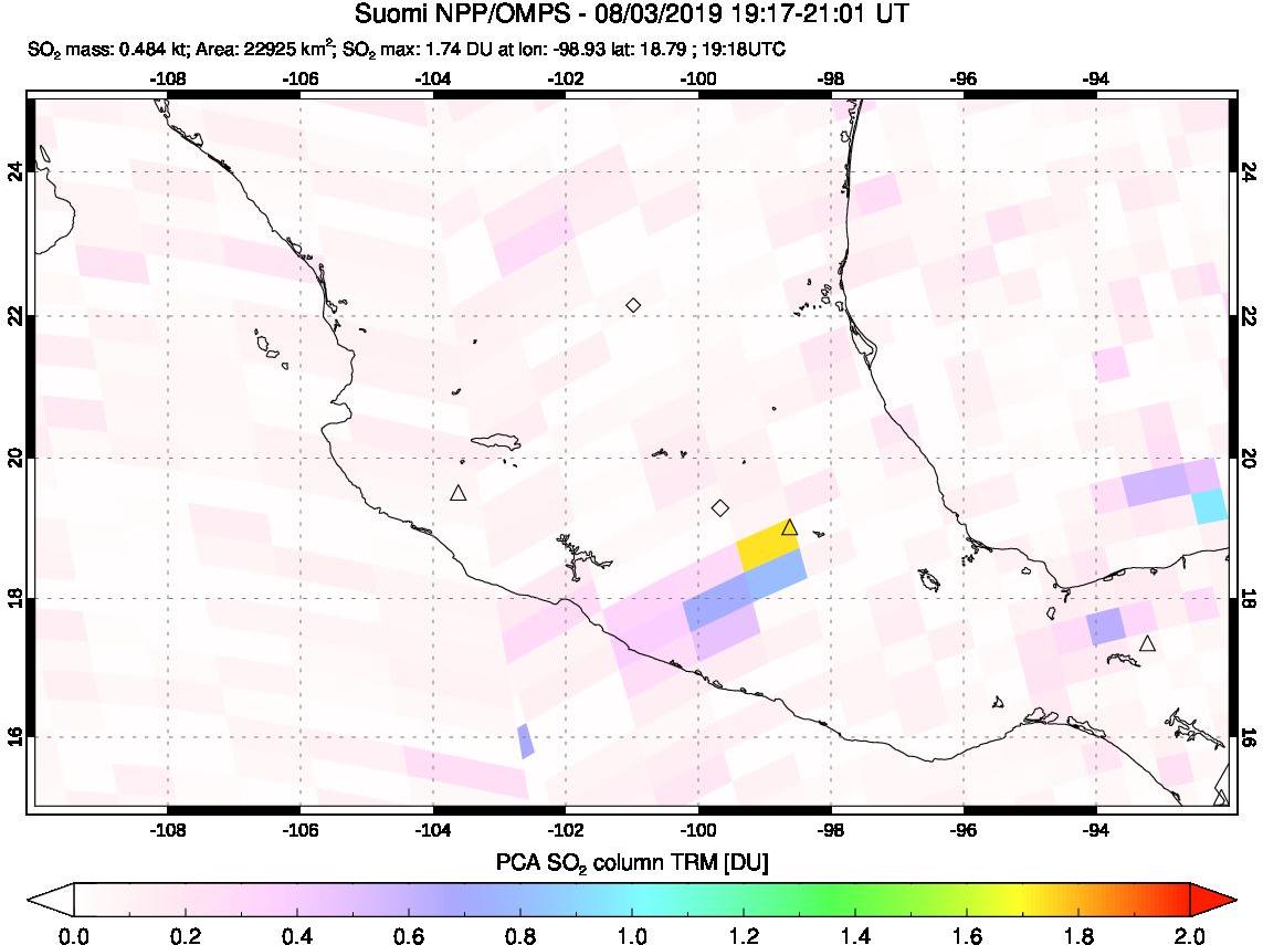 A sulfur dioxide image over Mexico on Aug 03, 2019.