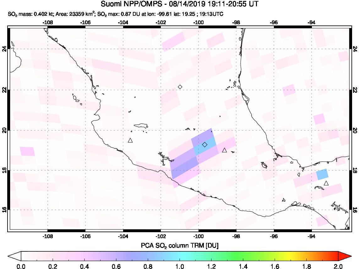 A sulfur dioxide image over Mexico on Aug 14, 2019.