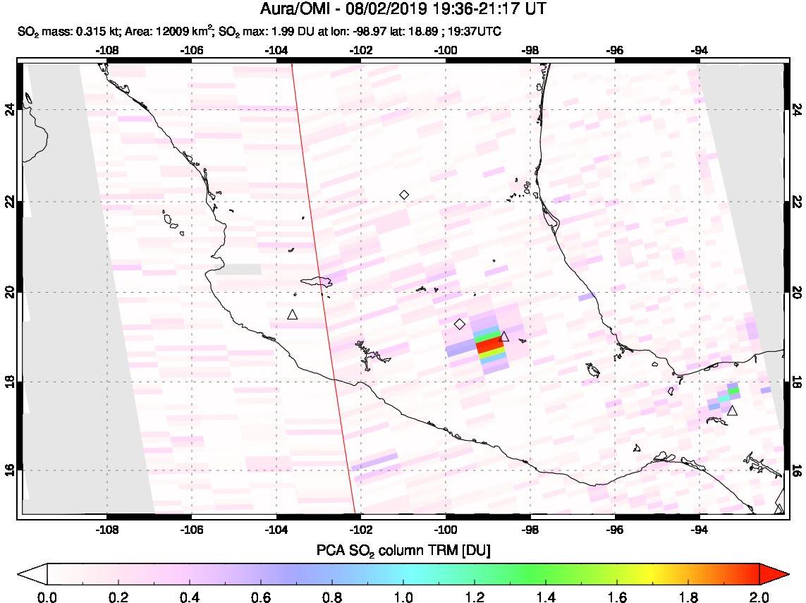 A sulfur dioxide image over Mexico on Aug 02, 2019.