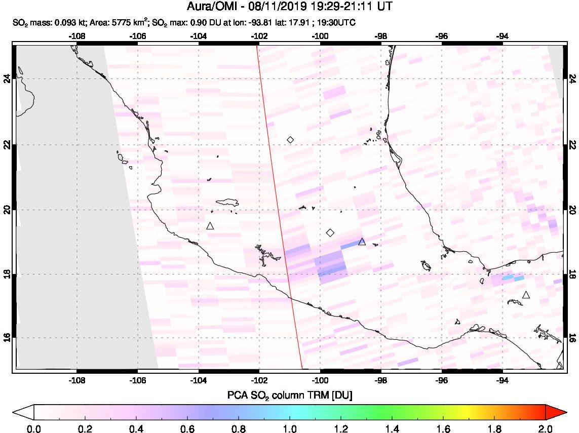 A sulfur dioxide image over Mexico on Aug 11, 2019.