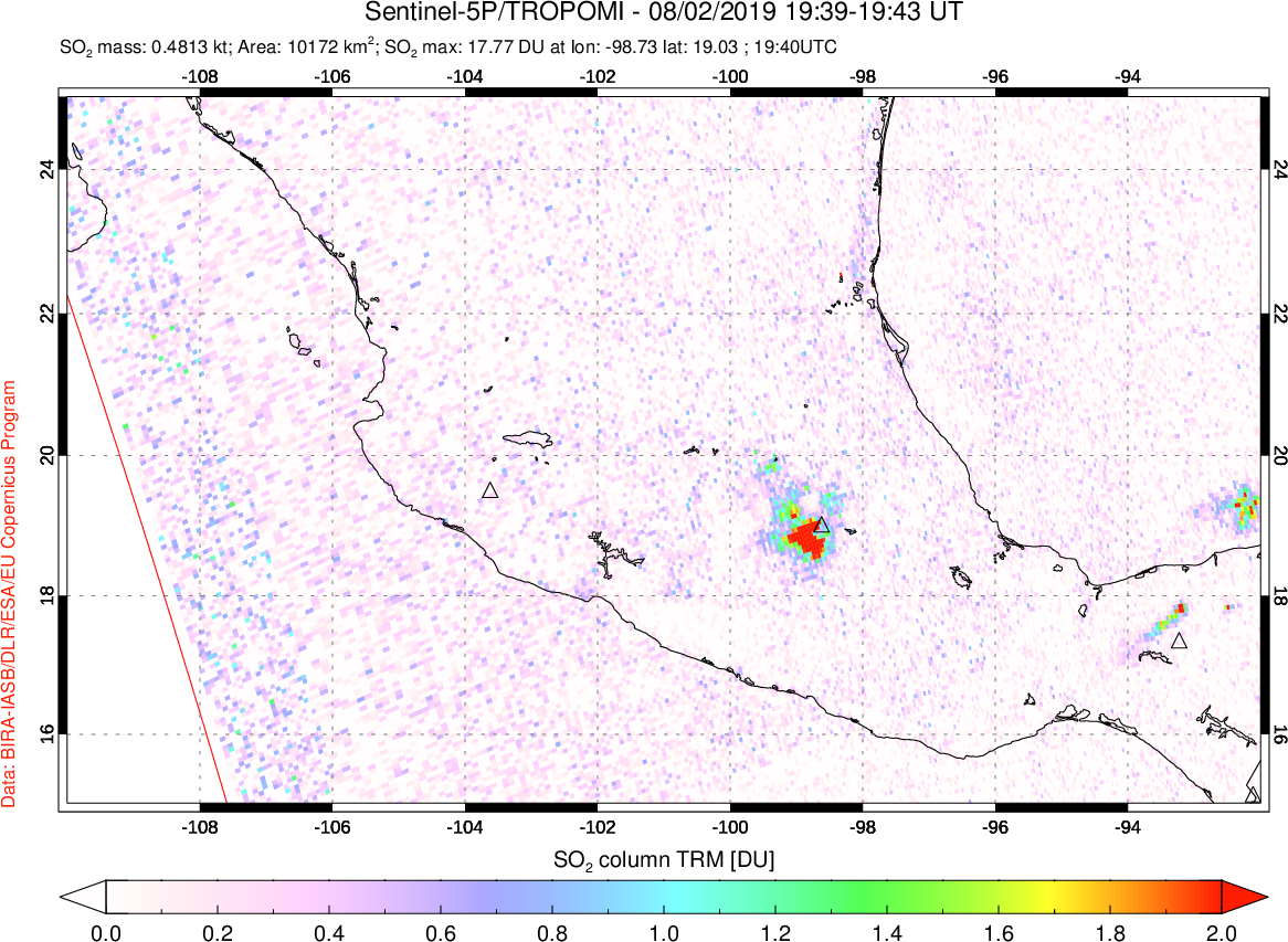A sulfur dioxide image over Mexico on Aug 02, 2019.