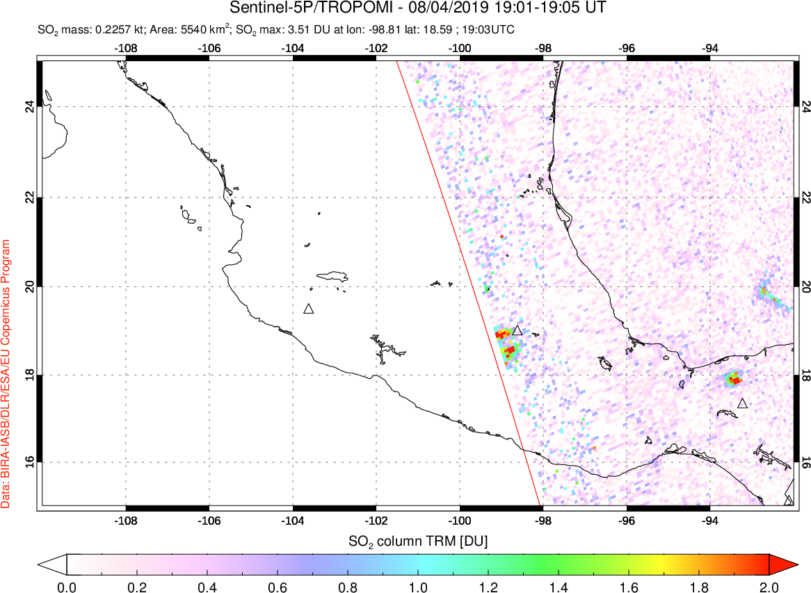 A sulfur dioxide image over Mexico on Aug 04, 2019.