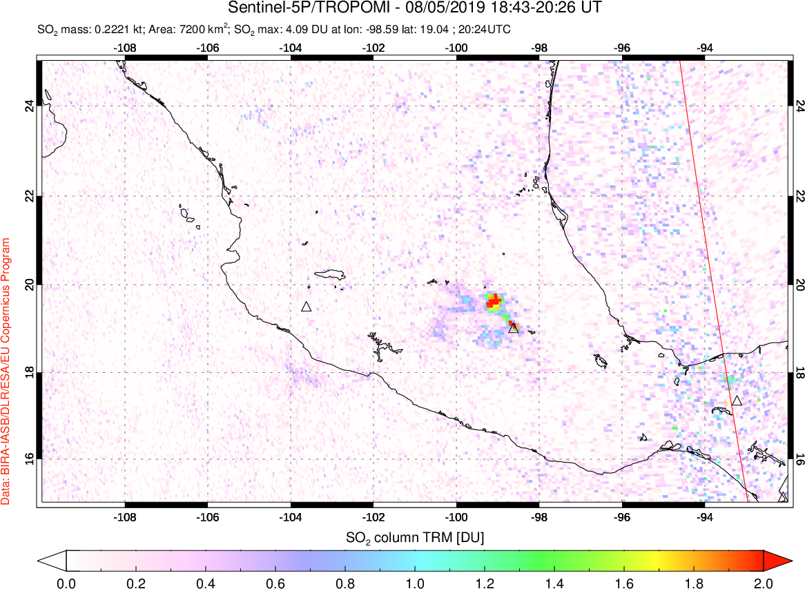 A sulfur dioxide image over Mexico on Aug 05, 2019.