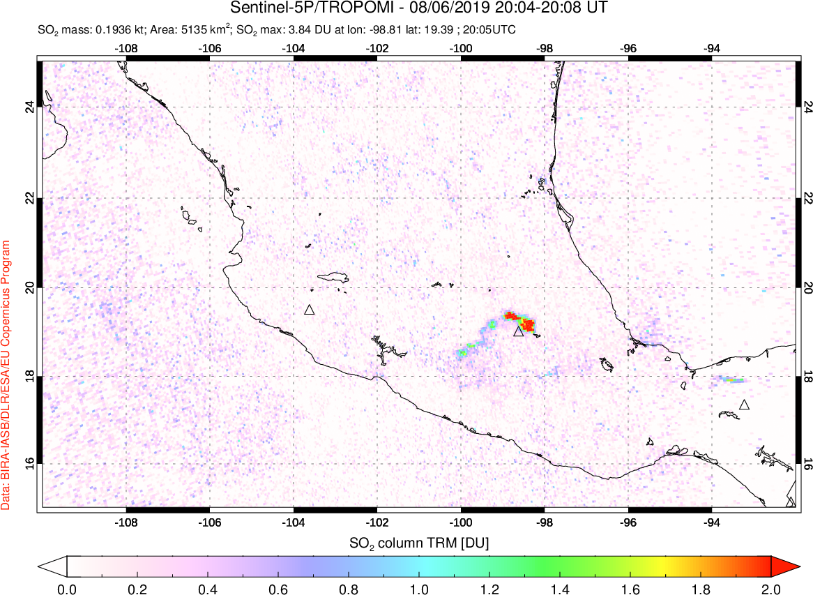 A sulfur dioxide image over Mexico on Aug 06, 2019.