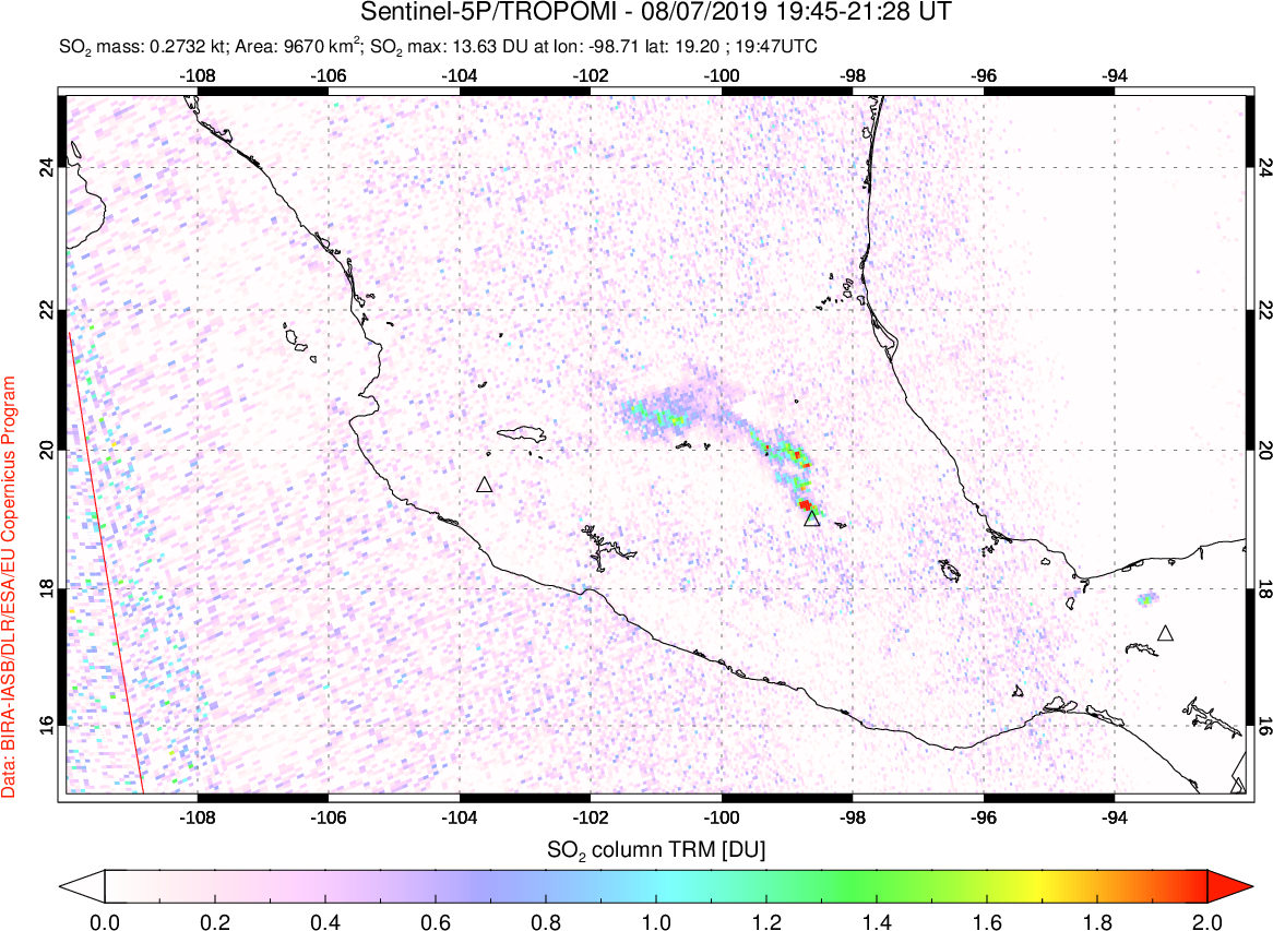 A sulfur dioxide image over Mexico on Aug 07, 2019.