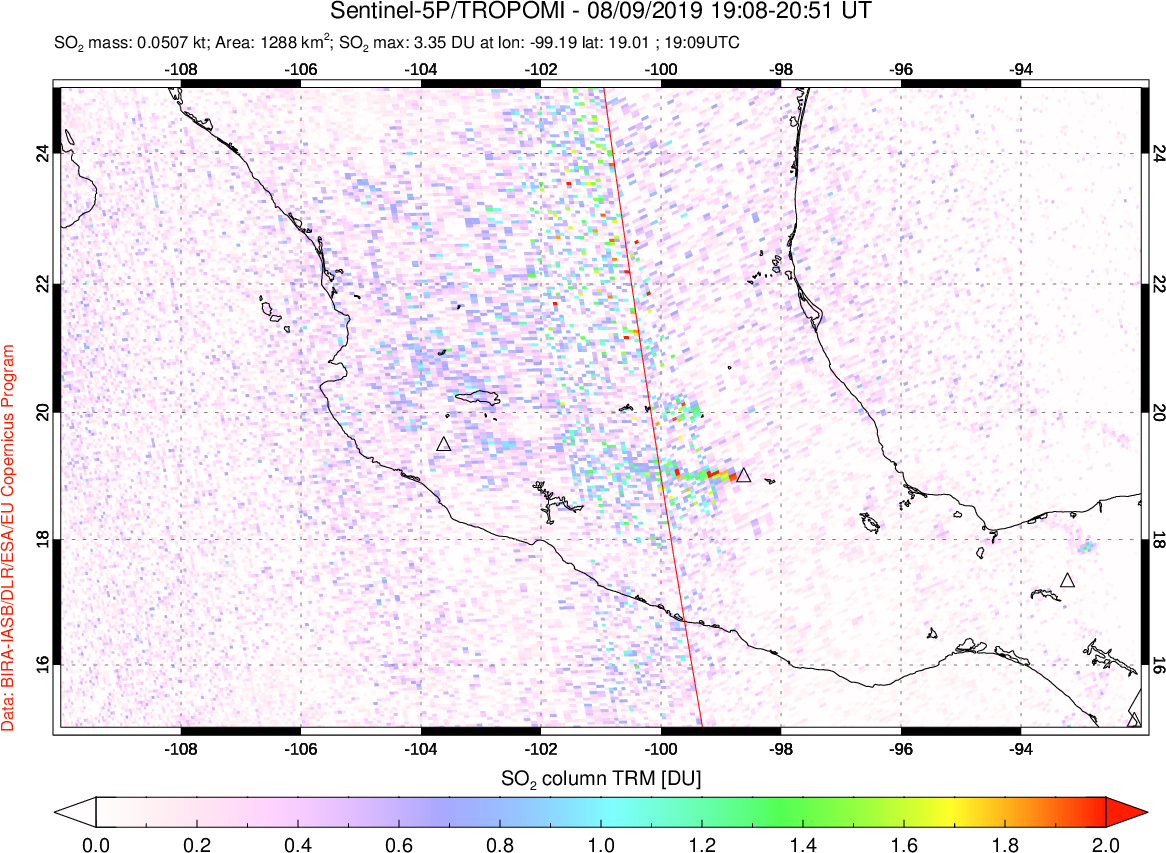 A sulfur dioxide image over Mexico on Aug 09, 2019.