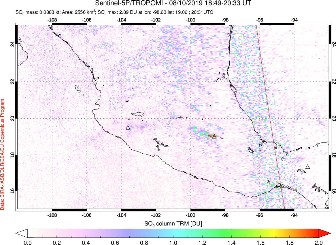 A sulfur dioxide image over Mexico on Aug 10, 2019.