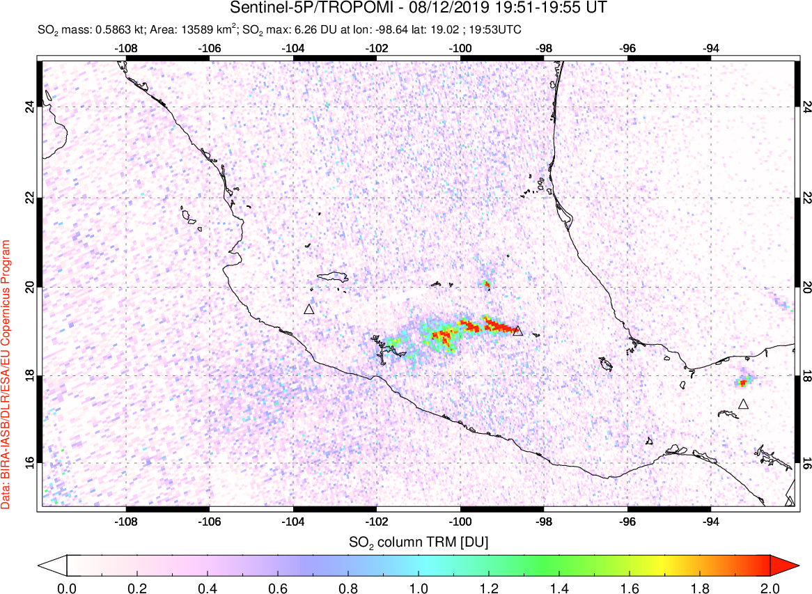 A sulfur dioxide image over Mexico on Aug 12, 2019.