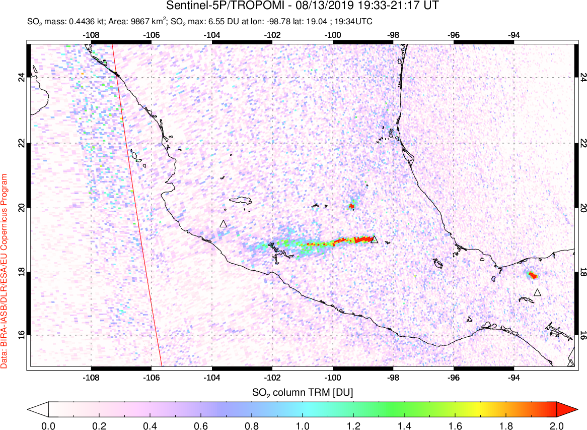 A sulfur dioxide image over Mexico on Aug 13, 2019.