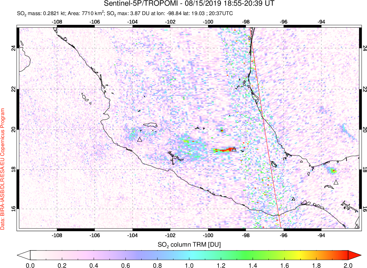 A sulfur dioxide image over Mexico on Aug 15, 2019.