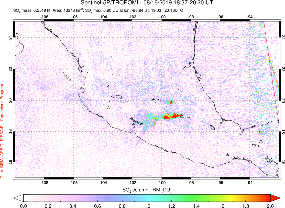 A sulfur dioxide image over Mexico on Aug 16, 2019.