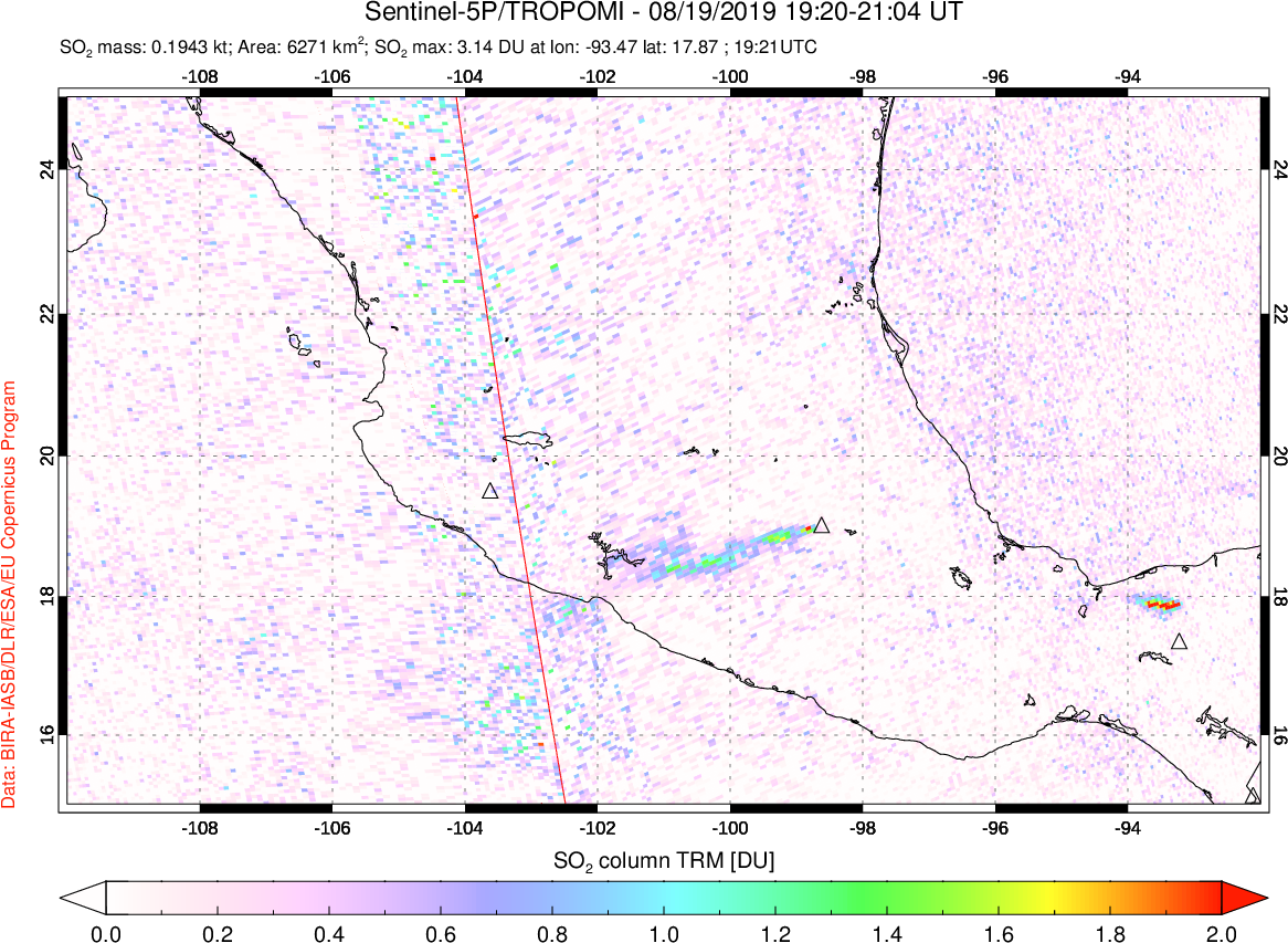 A sulfur dioxide image over Mexico on Aug 19, 2019.