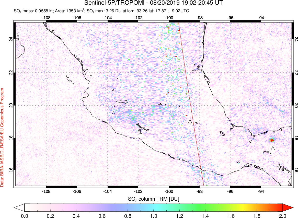 A sulfur dioxide image over Mexico on Aug 20, 2019.