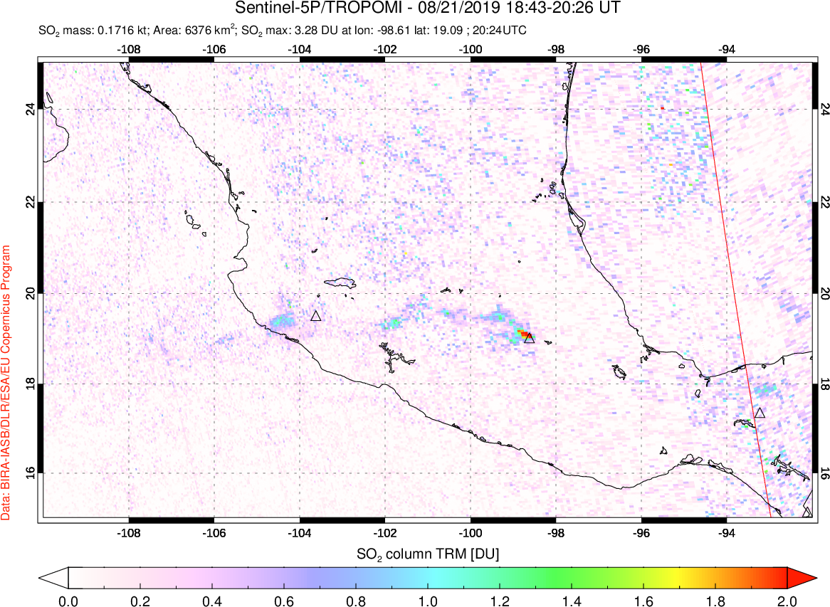 A sulfur dioxide image over Mexico on Aug 21, 2019.