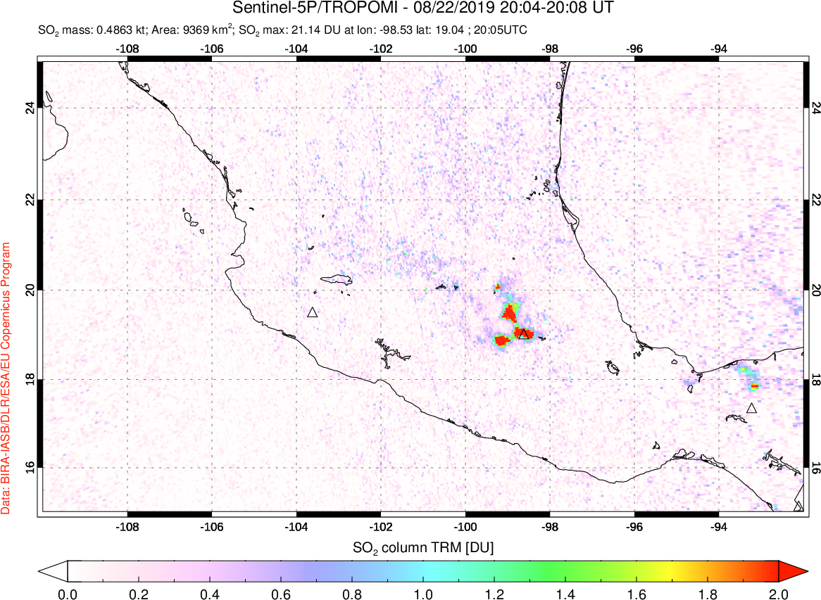 A sulfur dioxide image over Mexico on Aug 22, 2019.