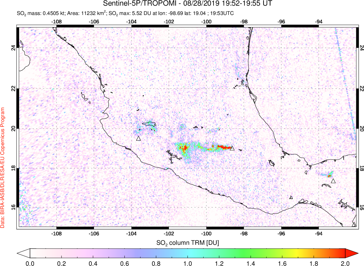 A sulfur dioxide image over Mexico on Aug 28, 2019.