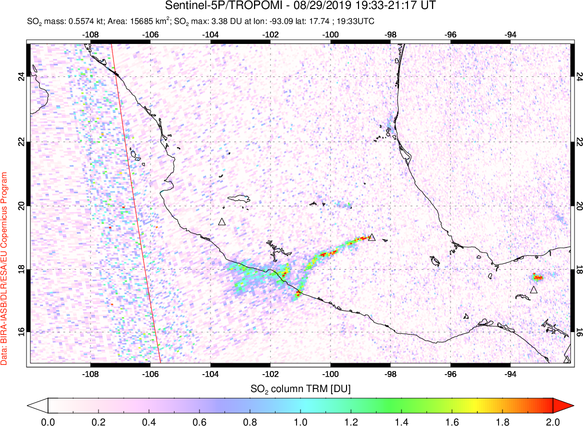 A sulfur dioxide image over Mexico on Aug 29, 2019.