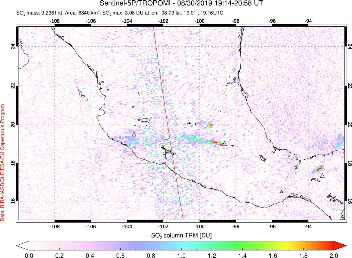 A sulfur dioxide image over Mexico on Aug 30, 2019.
