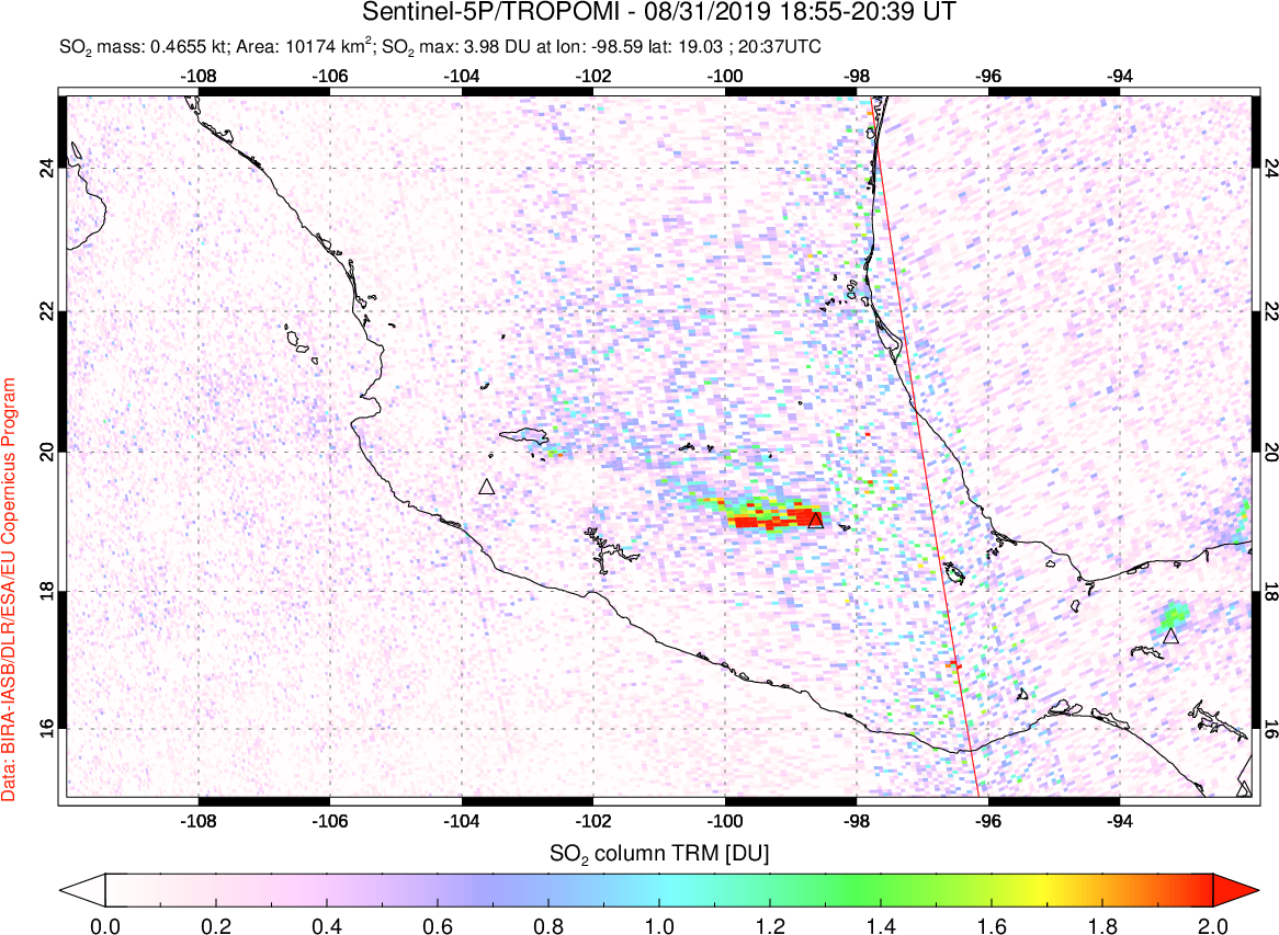 A sulfur dioxide image over Mexico on Aug 31, 2019.