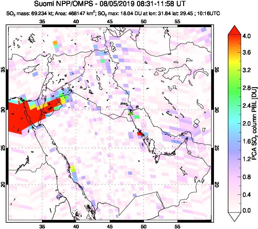 A sulfur dioxide image over Middle East on Aug 05, 2019.