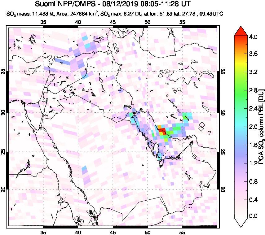 A sulfur dioxide image over Middle East on Aug 12, 2019.