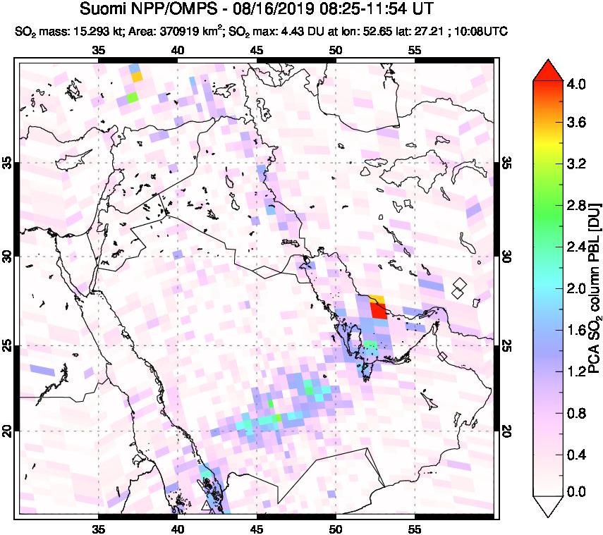 A sulfur dioxide image over Middle East on Aug 16, 2019.