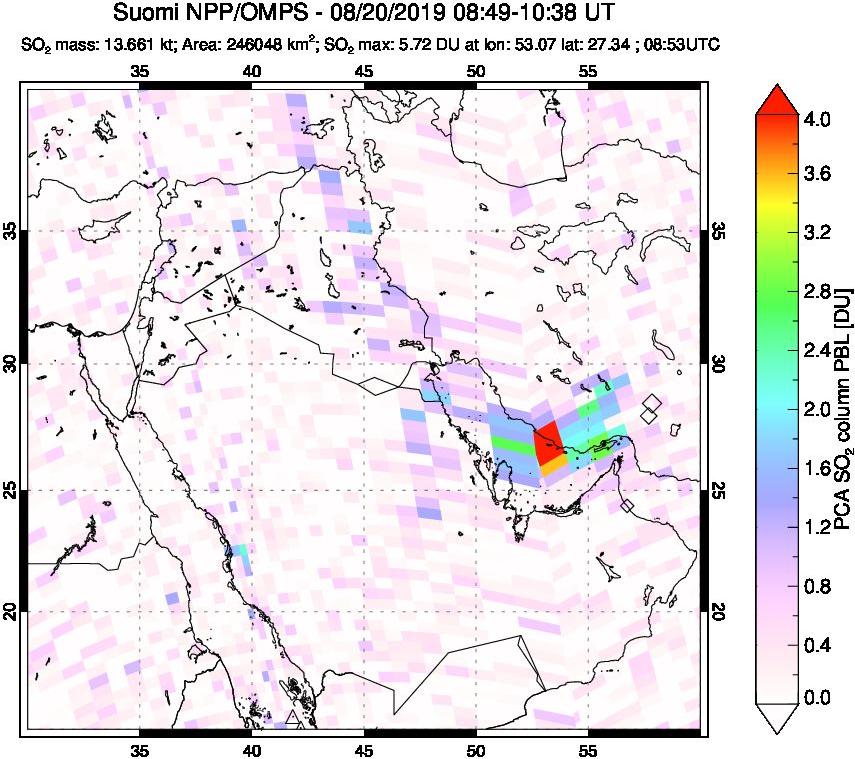 A sulfur dioxide image over Middle East on Aug 20, 2019.