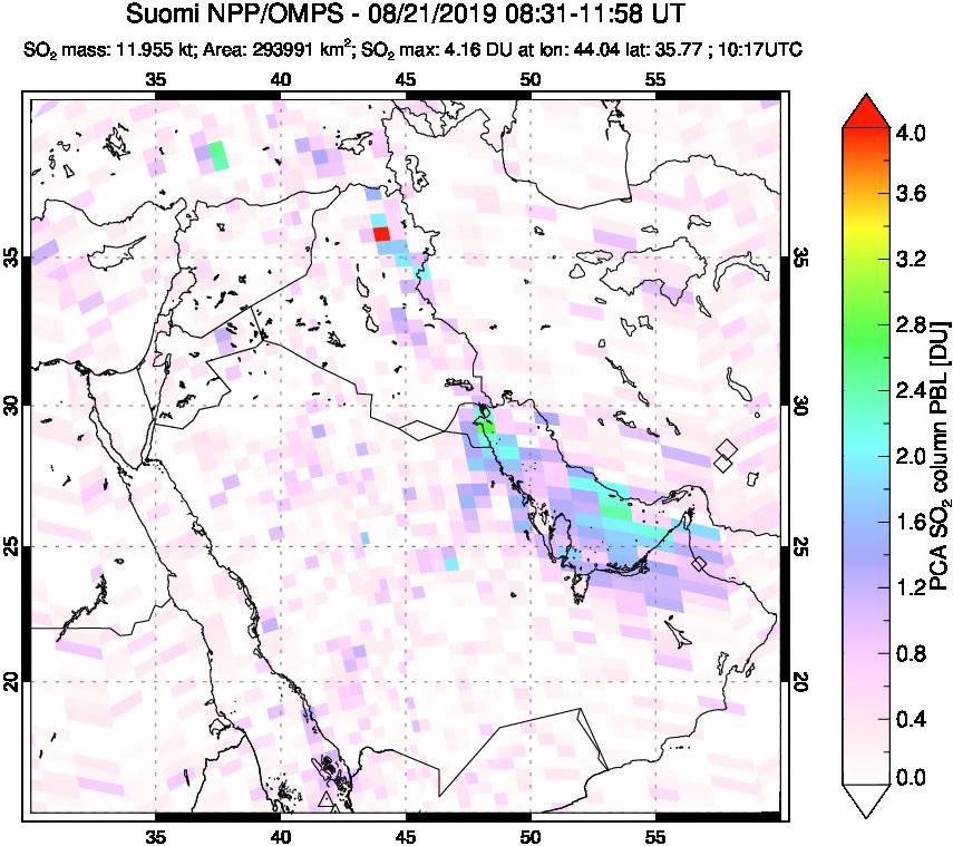 A sulfur dioxide image over Middle East on Aug 21, 2019.