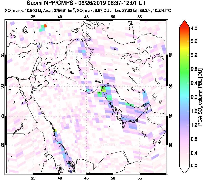 A sulfur dioxide image over Middle East on Aug 26, 2019.