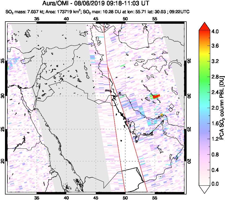 A sulfur dioxide image over Middle East on Aug 06, 2019.