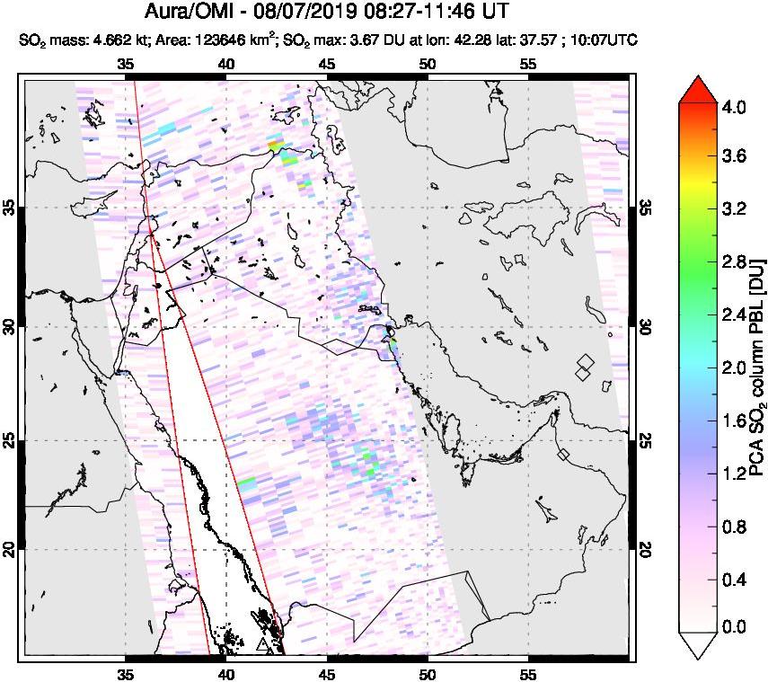 A sulfur dioxide image over Middle East on Aug 07, 2019.